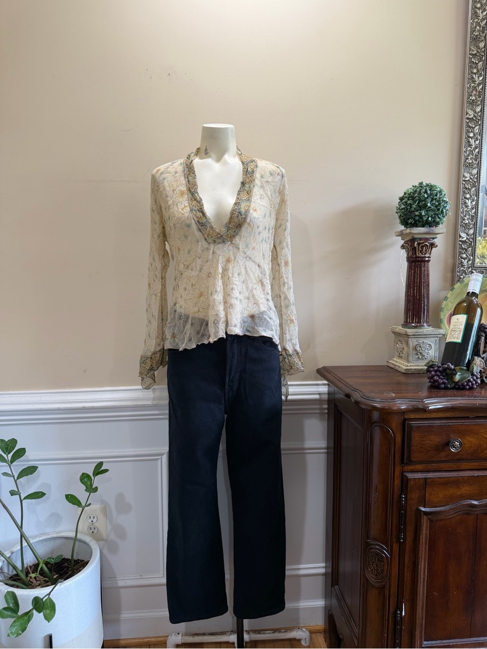 Vintage J.Jill Sheer Floral-Print V-Neck Blouse in Cream